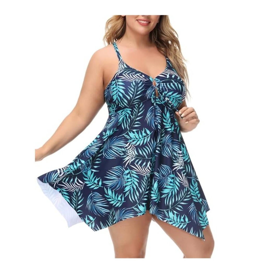 Hanna Nikole Plus Size Tropical Palm Leaf Swimdress Navy Blue Top Only 24W New